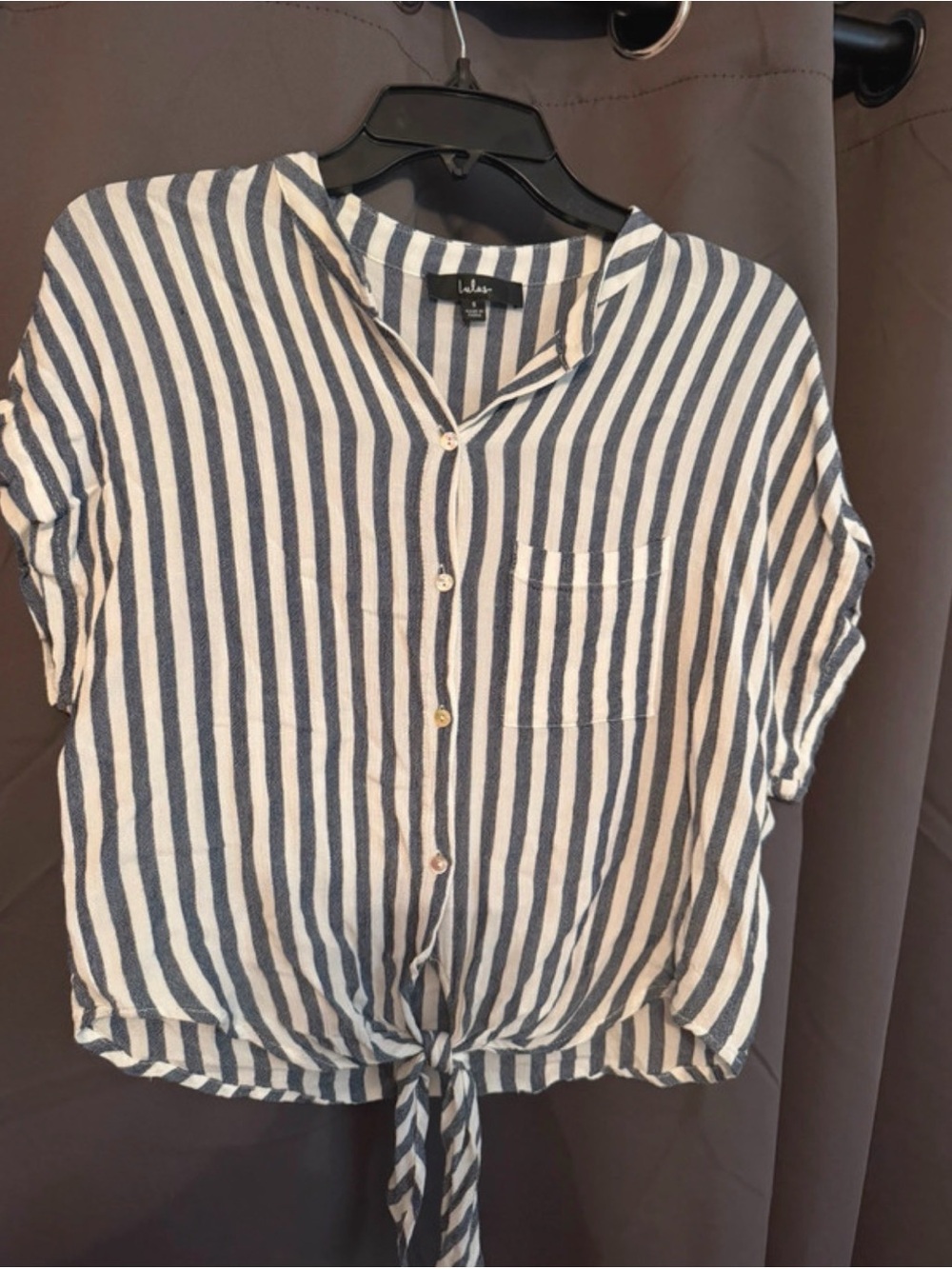 Lulu's Navy and White Vertical Stripe Tie-Front Button Down
